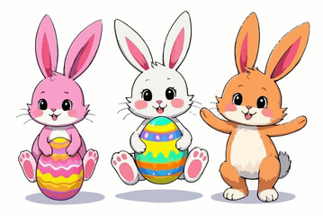 This adorable illustration features a cheerful Easter bunny holding a colorful decorated egg