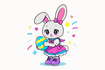 This adorable illustration features a cheerful Easter bunny holding a colorful decorated egg
