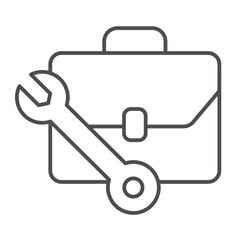 Briefcase with wrench thin line icon, repair service concept. Vector graphics. Mechanic case, portfolio bag sign on white background, linear style icon for mobile or web design.