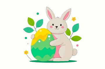 illustration features a cheerful Easter bunny holding a colorful decorated egg, surrounded by bright yellow flowers and green grass. With its big eyes, fluffy cheeks, and warm smile, the bunny sits in