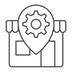 Shop with cogwheel gear on location pin thin line icon, repair service concept. Vector graphics. Workshop house sign on white background, linear style icon for mobile or web design.