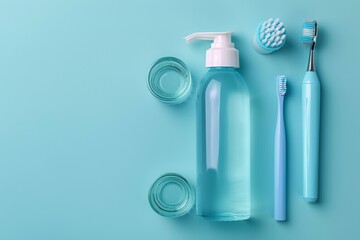 Mouthwash and other oral hygiene products on table top view . Flat lay.