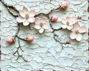 Delicate magnolia blossoms on a textured white background.