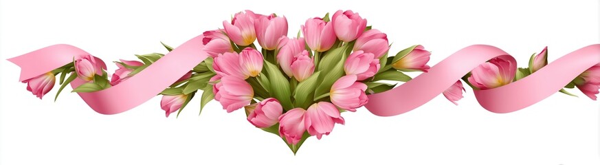 Obraz premium Mother's Day Pink Tulips with Heart-Shaped Ribbon Border on Transparent Background, PNG Vector Illustration 