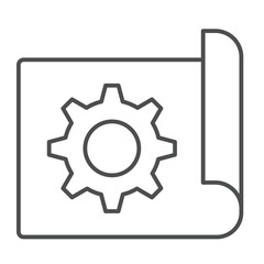 Project paper with gear thin line icon, repair service concept. Vector graphics. Blueprint and cogwheel, engineering sign on white background, linear style icon for mobile or web design.