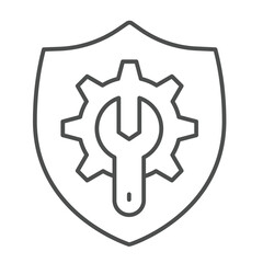 Wrench with cogwheel gear on safety emblem thin line icon, repair service concept. Vector graphics. Mechanic tool shield sign on white background, linear style icon for mobile or web design.