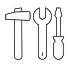 Screwdriver with wrench and hammer thin line icon, repair service concept. Vector graphics. Repair tools sign on white background, linear style icon for mobile or web design.