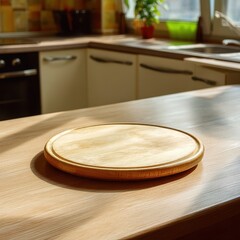 A wooden serving tray rests on a light wood countertop, with a blurred kitchen background featuring cabinets and a window. Warm, inviting tones