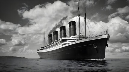 Fototapeta premium A massive vintage steamship from the 1900s cruising the open sea, smokestacks releasing dark smoke,Generative Ai 
