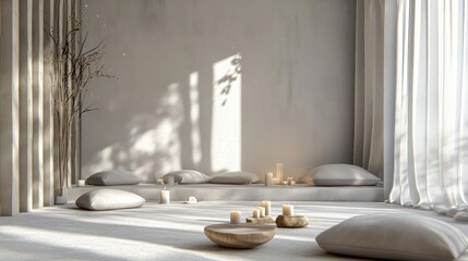 Serene Minimalist Interior: A sanctuary of calm and tranquility, designed for relaxation and meditation.  Sunlight streams through sheer curtains, 