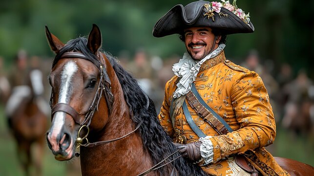 Man in 18th-century attire on horseback.