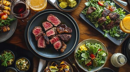 Elegant beef steak dinner beautifully arranged on a rustic wooden table