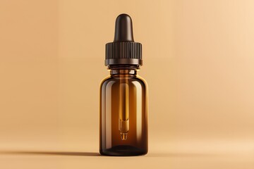 Amber glass dropper bottle with black cap on beige background, concept for essential oil packaging, beauty product, skincare, medicine, and pharmacy branding