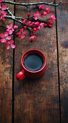 Rustic coffee cup with blossoms on weathered wood.
