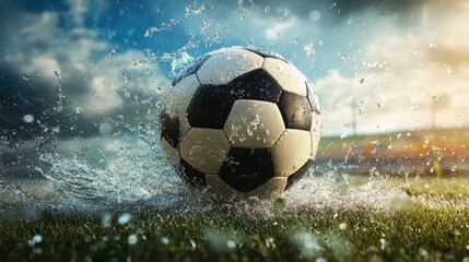 close up of a soccer ball on the green grass field in the center of the stadium illuminated by the headlights