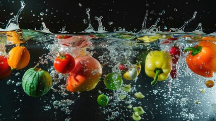 Vibrant Fresh Fruits and Vegetables Splashing in Water, Dark Background