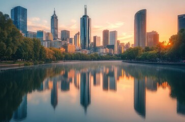 Obraz premium A majestic capital city skyline reflecting on a calm river,