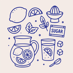Cute hand drawn illustration of lemonade ingredients including a lemon, slices, mint, sugar, pitcher, glass, juicer, cubes, and spoon. Perfect for summer drinks, recipe cards, or kitchen decor. Vector