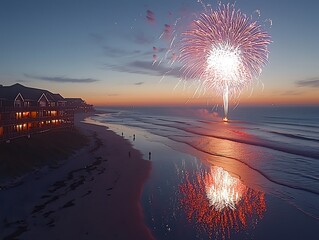 Fireworks display over beach at twilight, reflecting in the water.