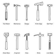 Set of outline hammer icons including sledge, claw, ball peen, engineer, and brick hammers. Ideal for construction, engineering, and industrial tool design.