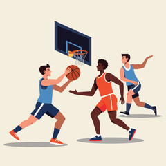 A modern flat-style vector illustration of three men playing basketball. Dynamic movement, teamwork, and energy in a minimalist sports scene with a hoop and court.