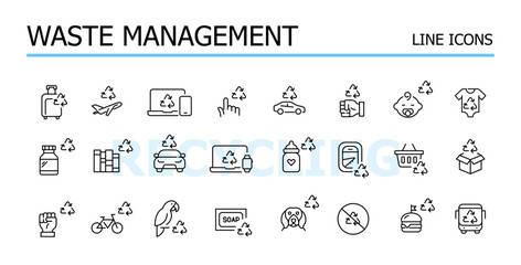 Waste management. Reuse and recycling. Eco-friendly sustainable living. Vector icons set