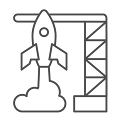 Rocket launch thin line icon, cosmos concept. Vector graphics. Orbital space rocket, spaceship flight start sign on white background, linear style icon for mobile or web design.