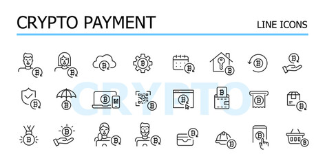 Crypto payment. Bitcoin and other remote finances. Vector icon set