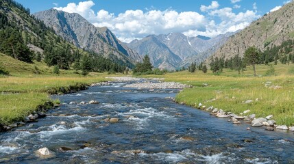 Fototapeta premium Mountain river valley. Lush green meadow and distant snowcapped peaks under a blue sky