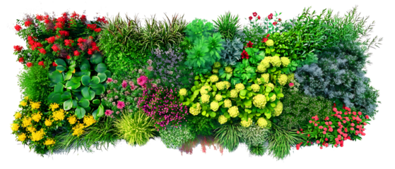 Green Flower Bed Template. Top Masterplan View and A row of flowers with pink and white blooms of Colorful Row of Assorted Flowers and Greenery Lush Tropical Plant Wall on islated transfarent PNG
