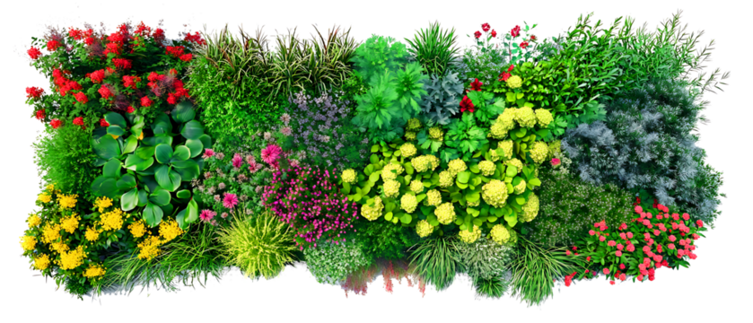 Green Flower Bed Template. Top Masterplan View and  A row of flowers with pink and white blooms of Colorful Row of Assorted Flowers and Greenery Lush Tropical Plant Wall  on islated transfarent PNG
