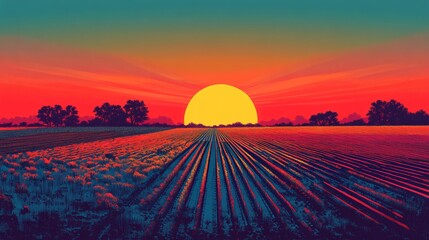 Obraz premium Sunset over solar-powered farms stylized into horizontal bands
