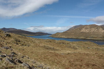 Color landscape in Ireland with lake and hills