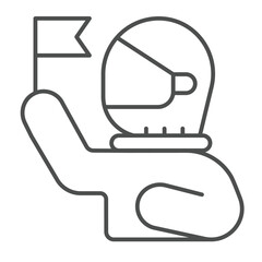 Astronaut man with flag thin line icon, cosmos concept. Vector graphics. First tearer human, exploration sign on white background, linear style icon for mobile or web design.