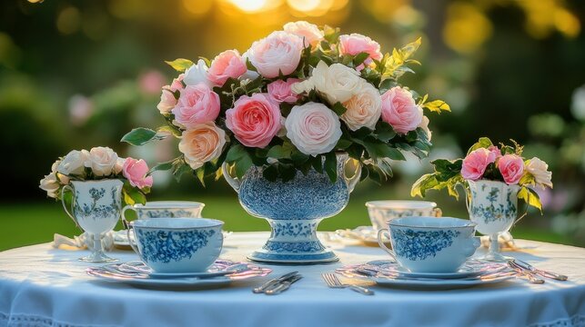 Elegant floral centerpiece on a garden table setting