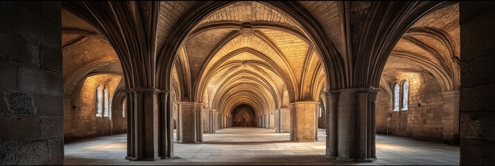 Majestic Medieval Architecture, Vaulted Ceilings and Stone Columns Hall