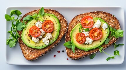 Two avocado and tomato sandwiches on a white plate. The sandwiches are topped with cheese and herbs. The plate is set on a white table