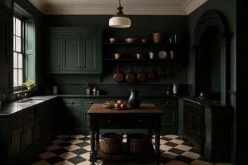 Dark Victorian-style kitchen with green cabinets, copper cookware and checkered tile floor