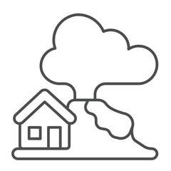 Erupting volcano with cloud and house thin line icon, climate change concept. Vector graphics. Volcano with building, danger sign on white background, linear style icon for mobile or web design.