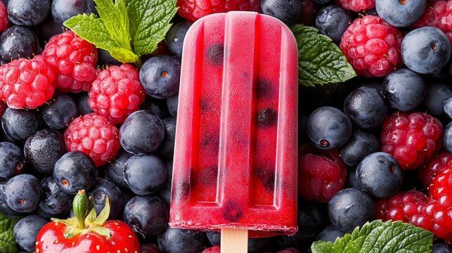 Red and blue fruit popsicle with a green leaf on top. The popsicle is surrounded by a variety of berries, including blueberries and raspberries - Powered by Adobe