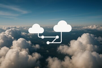 Cloud computing connection concept over real clouds in the sky, symbolizing digital data transfer.