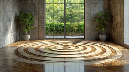 Elegant interior design with circular pattern on marble floor