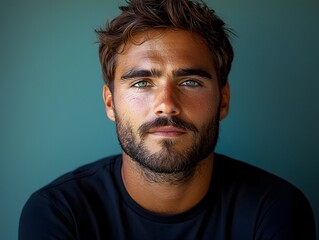 Obraz premium A serious looking man with a beard stares intently against a blue backdrop