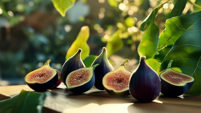 A bunch of figs are displayed on a wooden table. The figs are cut in half and arranged in a row. Concept of freshness and abundance, as the figs are ripe and ready to be eaten