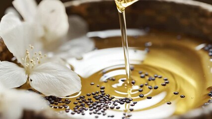 A bowl of honey and sesame seeds with a flower in the background. The honey is dripping from the top of the bowl - Powered by Adobe