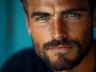 Obraz premium Captivating Minimalist Portrait of a Bearded Man with an Intense Gaze