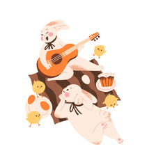 Happy Easter rabbit plays the guitar and sings song on picnic. Cute paschal bunny is lying and listens to music at nature. Hares relax outdoors. Flat isolated vector illustration on white background