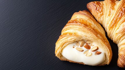 Two halves of filled croissants, topped with almonds and creamy filling, on a dark stone surface