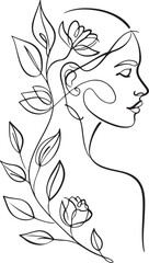 Profile View of Woman with Flowing Hair and Botanical Elements Growing from Head in Ethereal Minimalist Line Art for Nature-Inspired Design