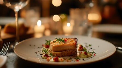 Elegant Food Presentation at Dinner with Candles in Soft Lighting